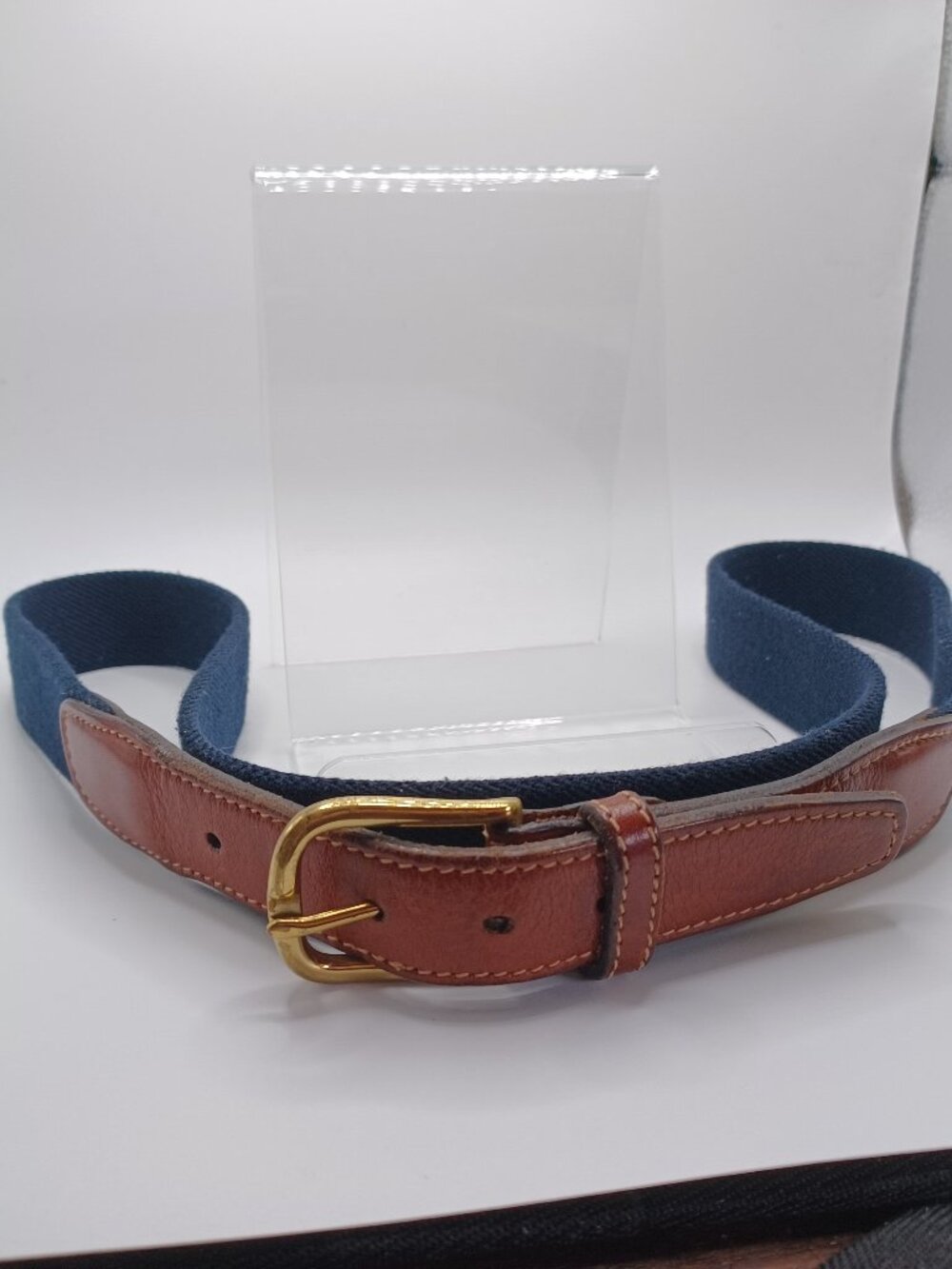 Lands End Men's Belt Navy Canvas Brown Leather Solid Brass Buckle Made in USA 38